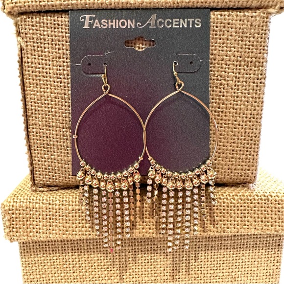 NWT Fashion Accents Earrings gold tone w/ clear rhinestone chain dangles - Picture 2 of 10